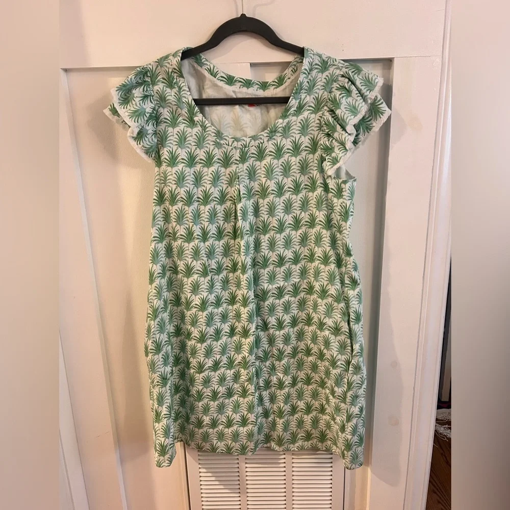 Persifor Green Palm Print flutter sleeve short sleeve Dress